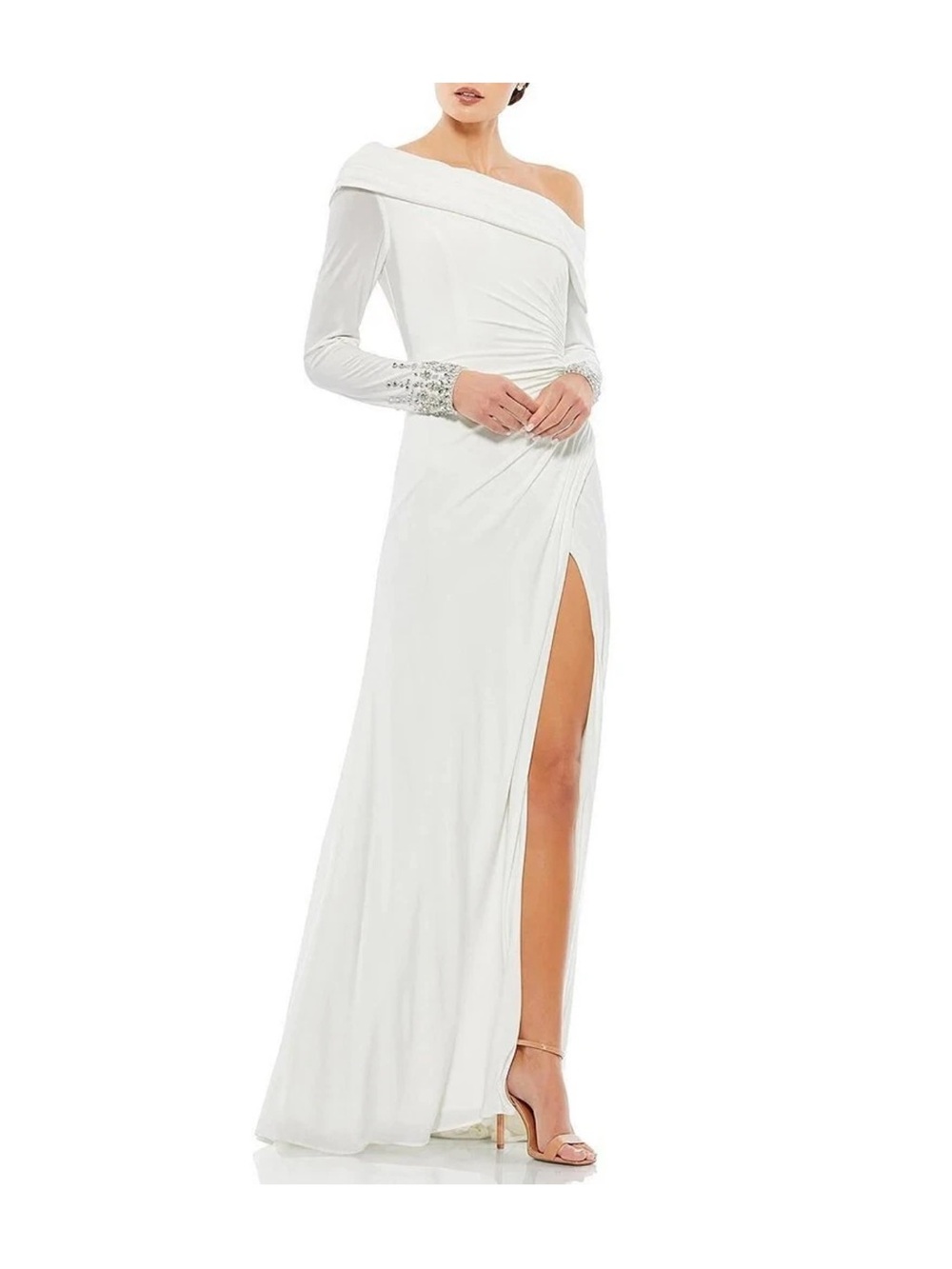 NWT MacDuggal White Evening Gown with Beaded Cuffs size 14